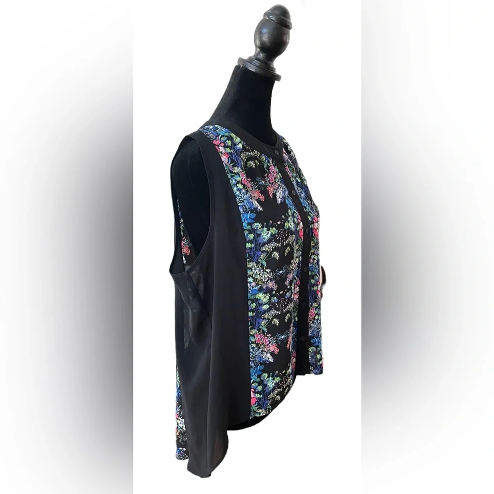 Nicole Miller: Long Black BoHo Flowy Floral Button Down Blouse
